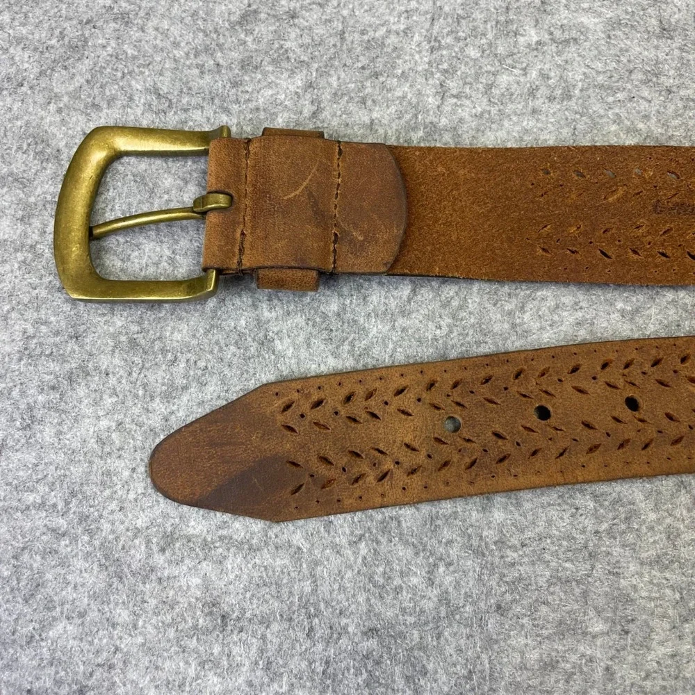 Womens Brown Genuine Leather Perforated Floral Belt 30''xDistressed Brass Buckle